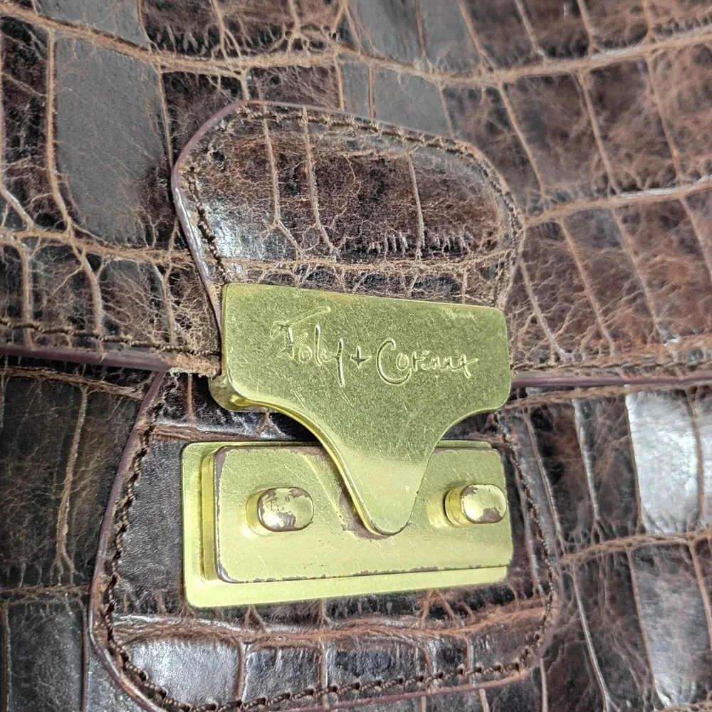 Foley‎ + Corinna Brown Croc Embossed Leather Satchel Shoulder Bag Brass Hardware